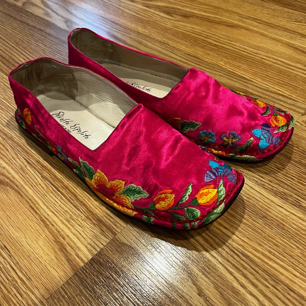 Ernesto Esposito Fuchsia Satin Floral‎ Embroidered Flats Made in Italy sz 38 - Picture 2 of 11